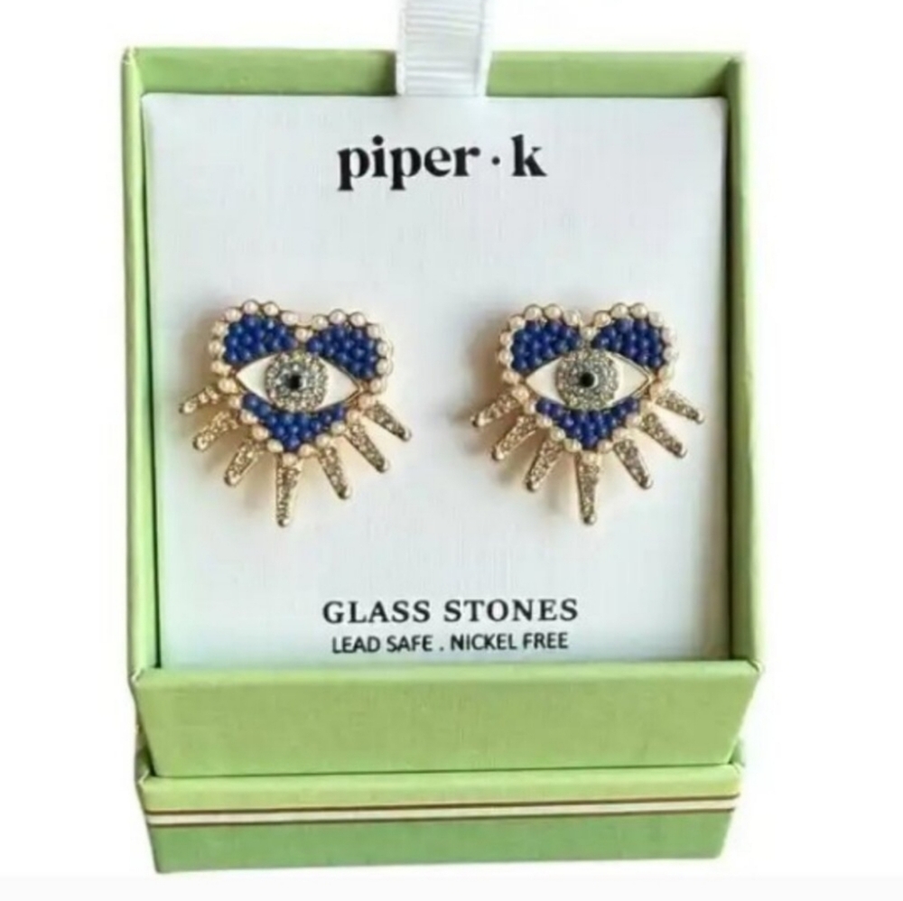 Piper K EVIL EYE Blue Heart Earrings with Crystal Fringe BNIB TE Rt LS
